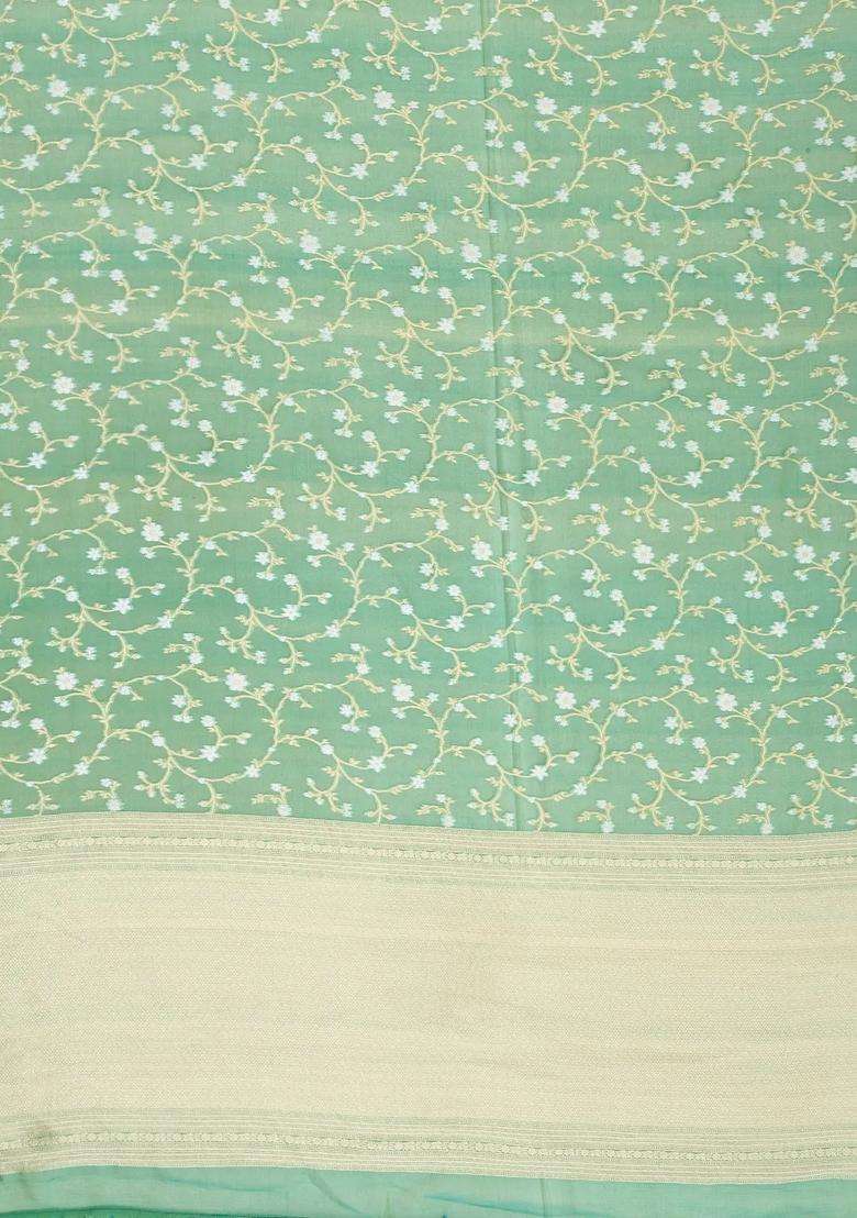 Light Green Handloom Organza Satin Soft Silk Saree With Floral Motifs With Traditional Woven Design For Women - Indya