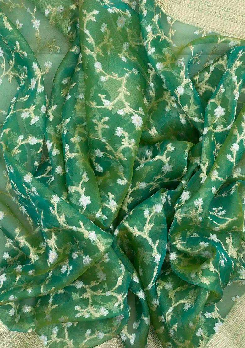 Light Green Handloom Organza Satin Soft Silk Saree With Floral Motifs With Traditional Woven Design For Women - Indya