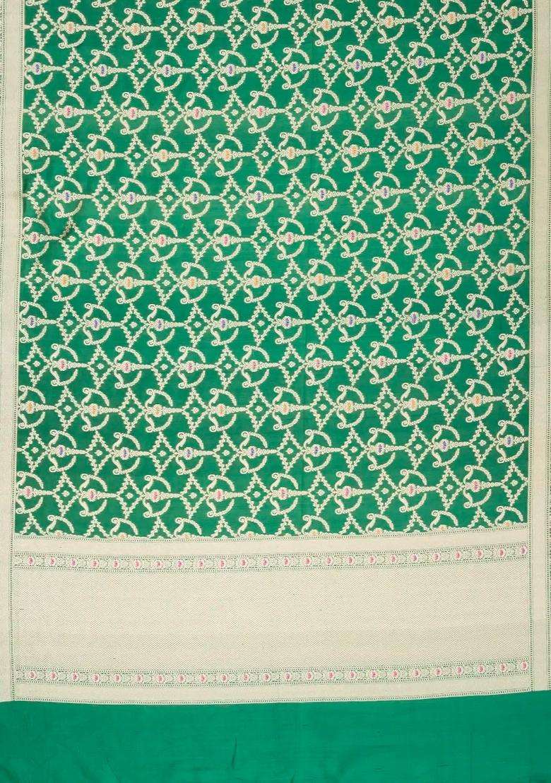 Green Handloom Organza Satin Soft Silk Saree With Floral Motifs With Traditional Woven Design For Women - Indya