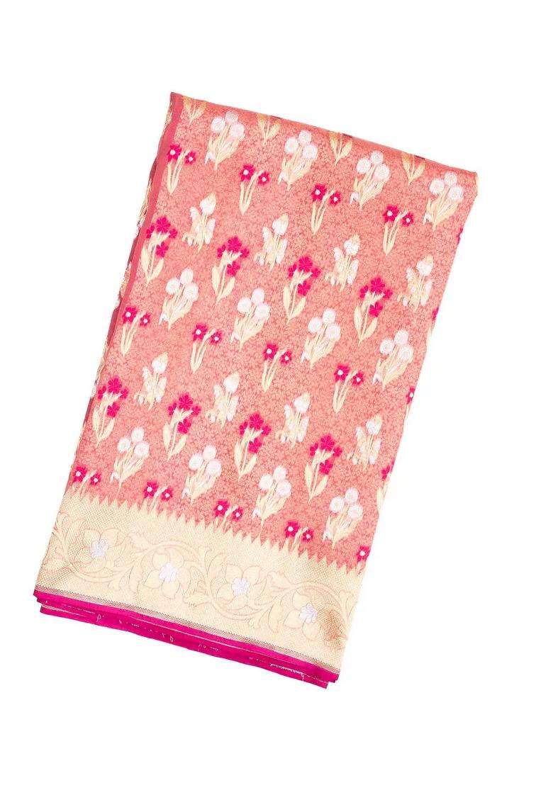 Peach Handloom Organza Satin Soft Silk Saree With Floral Motifs With Traditional Woven Design For Women - Indya