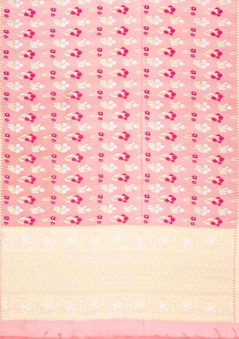 Peach Handloom Organza Satin Soft Silk Saree With Floral Motifs With Traditional Woven Design For Women - Indya