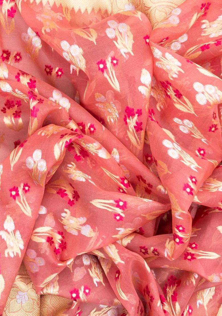 Peach Handloom Organza Satin Soft Silk Saree With Floral Motifs With Traditional Woven Design For Women - Indya