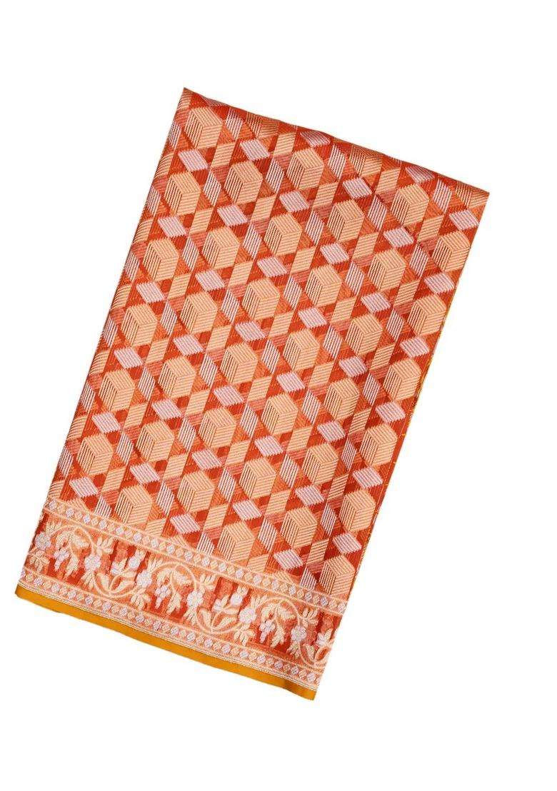 Orange Handloom Organza Satin Soft Silk Saree With Floral Motifs With Traditional Woven Design For Women - Indya