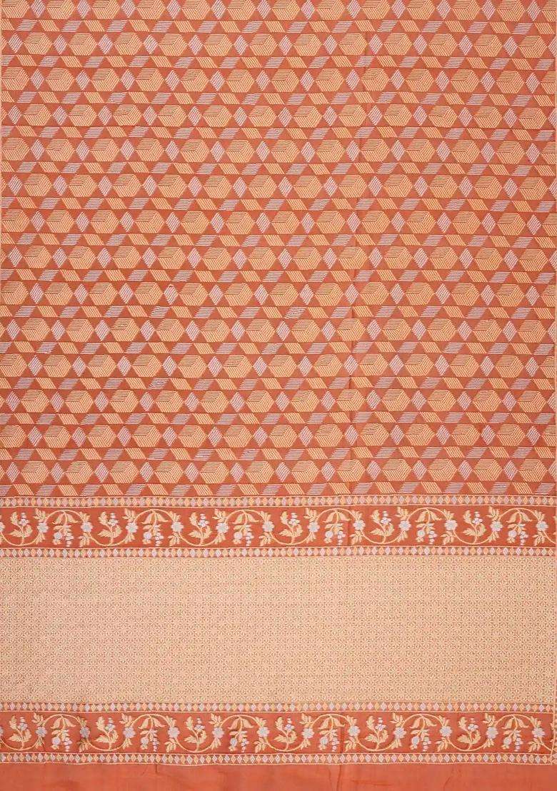 Orange Handloom Organza Satin Soft Silk Saree With Floral Motifs With Traditional Woven Design For Women - Indya