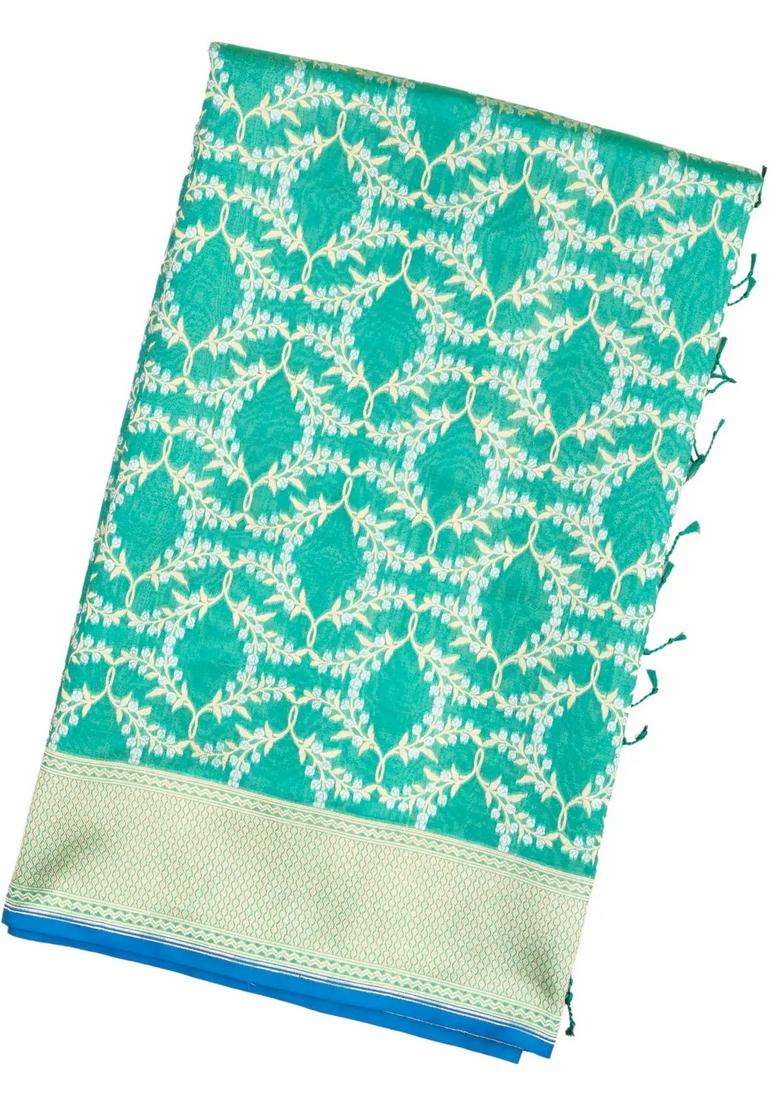 Turquoise Handloom Organza Satin Soft Silk Saree With Floral Jaal Motifs With Buttas And Brocade Design For Women - Indya