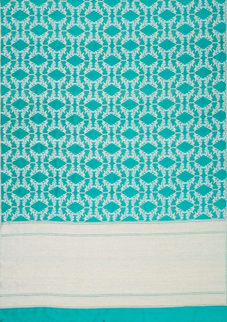 Turquoise Handloom Organza Satin Soft Silk Saree With Floral Jaal Motifs With Buttas And Brocade Design For Women - Indya