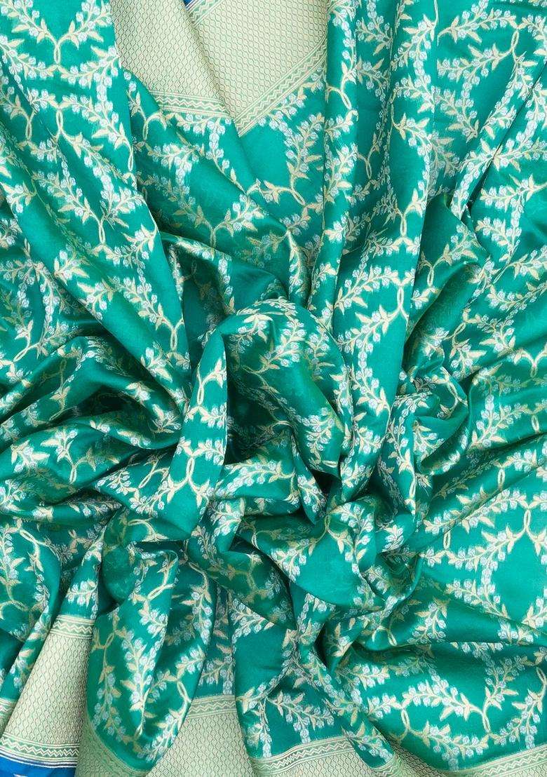 Turquoise Handloom Organza Satin Soft Silk Saree With Floral Jaal Motifs With Buttas And Brocade Design For Women - Indya