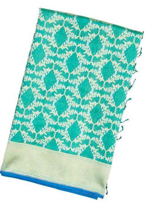 Turquoise Handloom Organza Satin Soft Silk Saree With Floral Jaal Motifs With Buttas And Brocade Design For Women