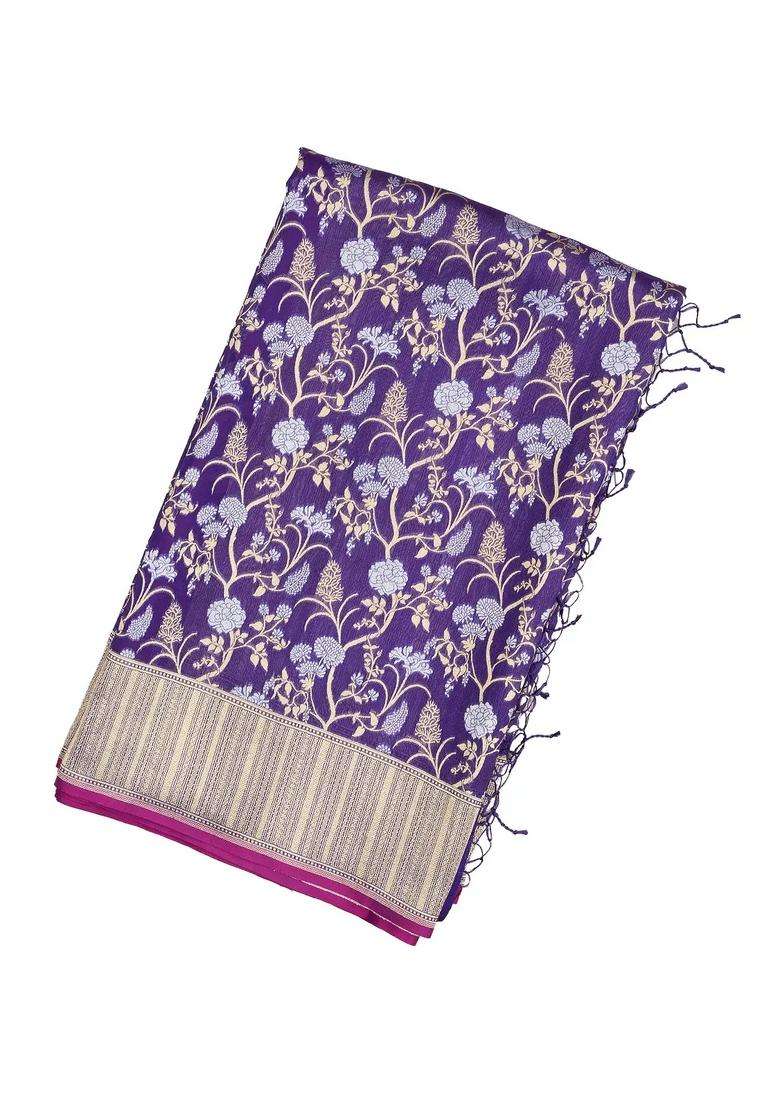 Magenta Handloom Organza Satin Soft Silk Saree With Floral Vine Motifs With Traditional Woven Design For Women - Indya