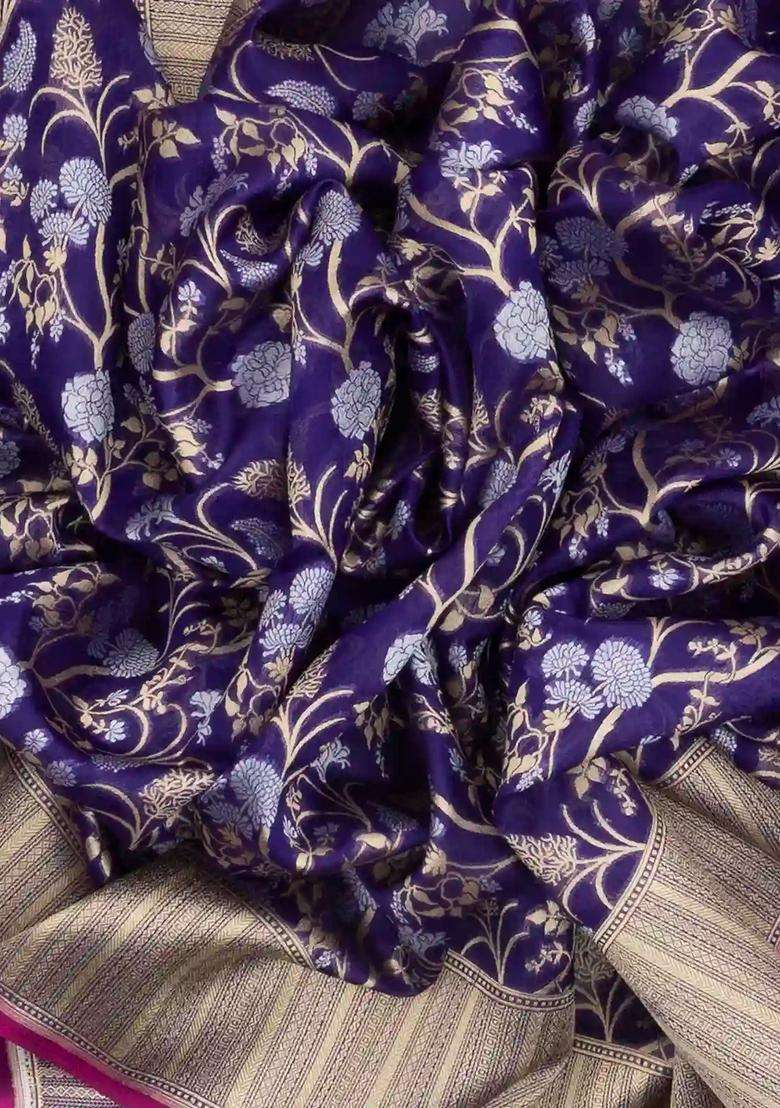Magenta Handloom Organza Satin Soft Silk Saree With Floral Vine Motifs With Traditional Woven Design For Women - Indya