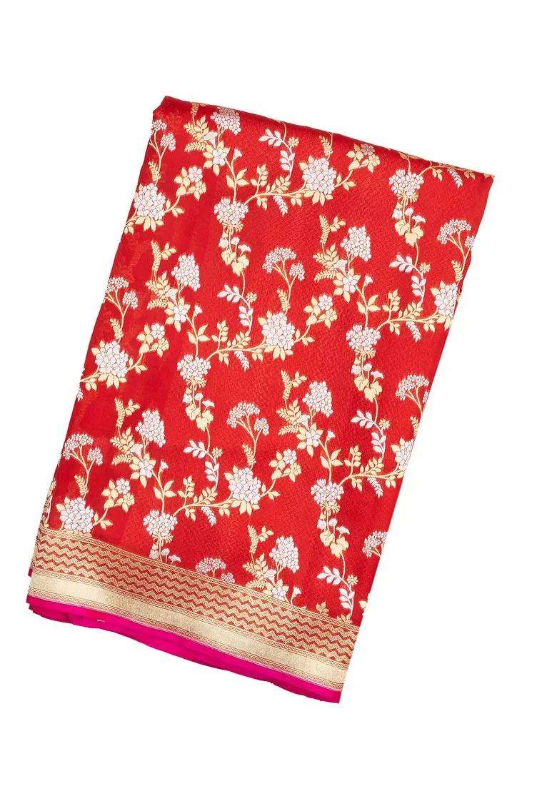 Red Handloom Organza Satin Soft Silk Saree With Floral Vine Motifs With Traditional Woven Design For Women - Indya