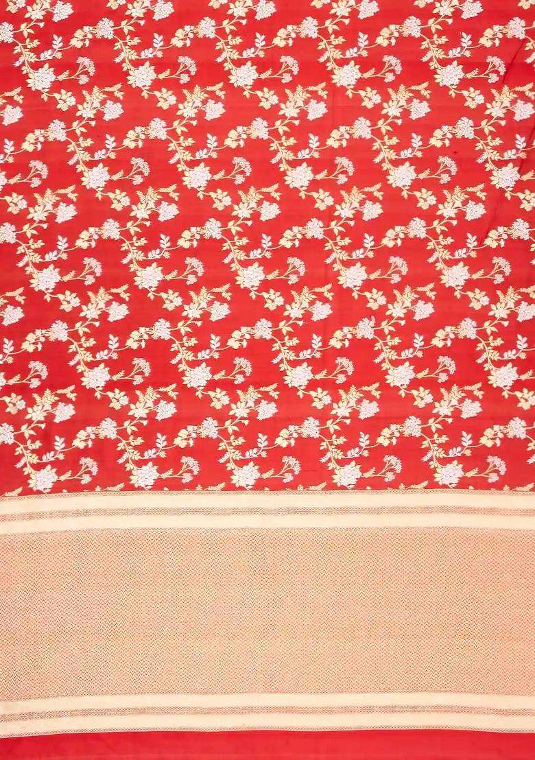 Red Handloom Organza Satin Soft Silk Saree With Floral Vine Motifs With Traditional Woven Design For Women - Indya