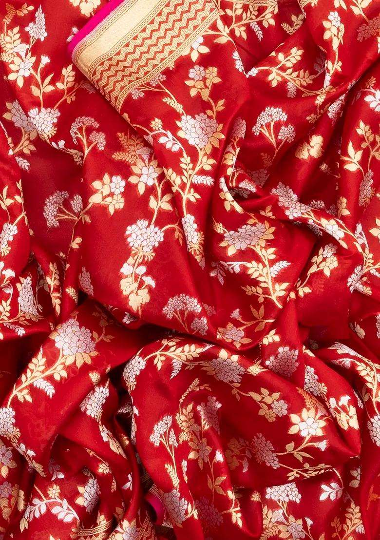 Red Handloom Organza Satin Soft Silk Saree With Floral Vine Motifs With Traditional Woven Design For Women - Indya