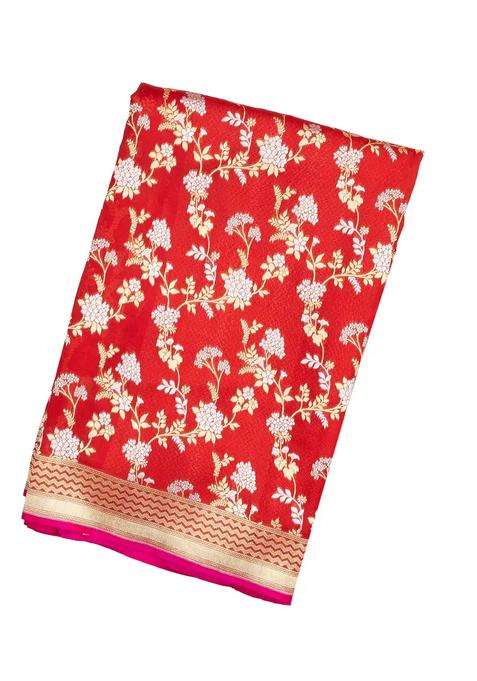 Red Handloom Organza Satin Soft Silk Saree With Floral Vine Motifs With Traditional Woven Design For Women