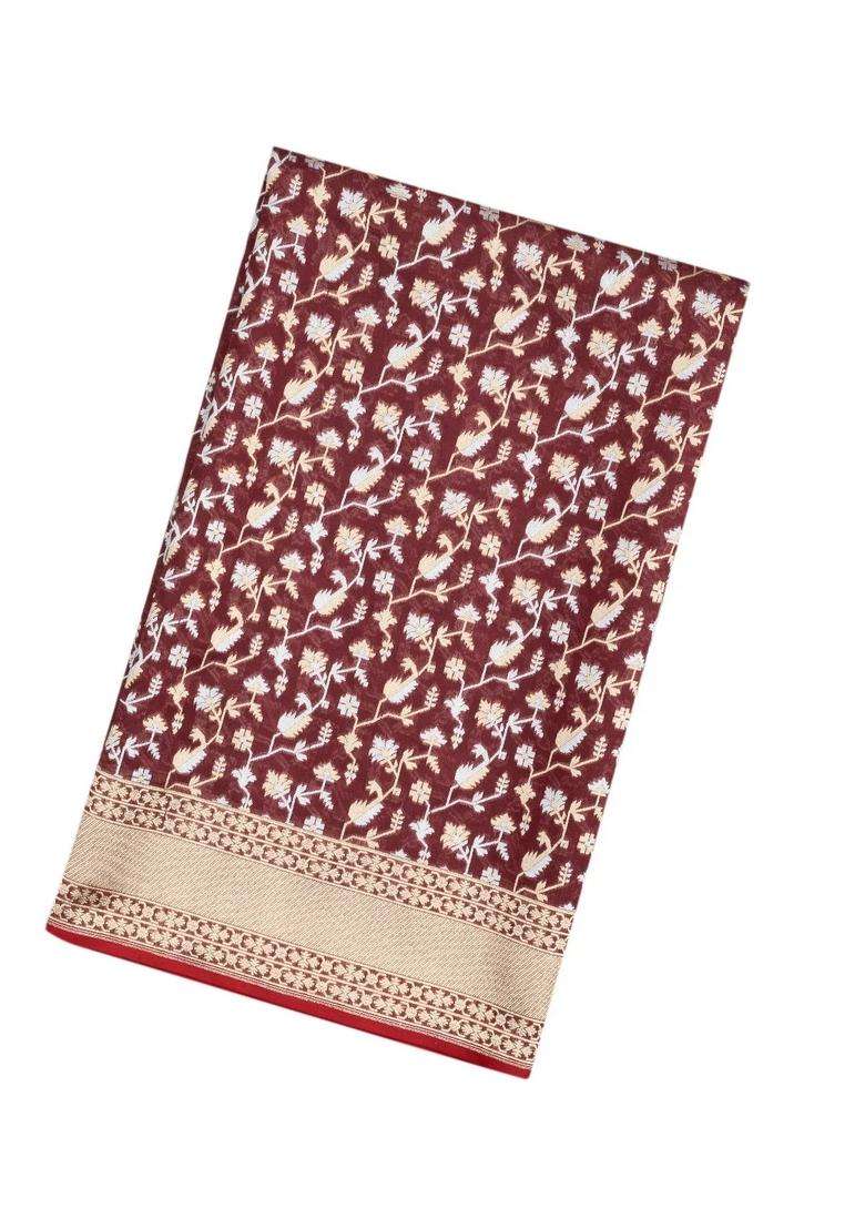 Brown Handloom Organza Satin Soft Silk Saree With Floral Vine Motifs With Traditional Woven Design For Women - Indya