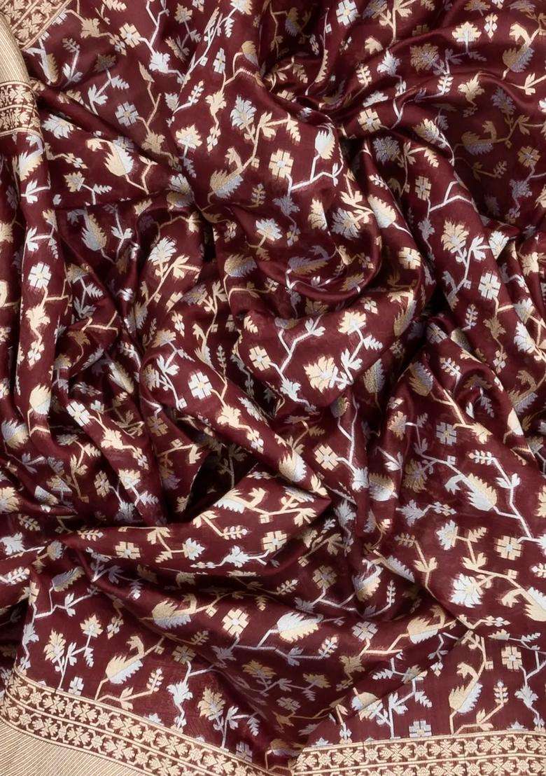 Brown Handloom Organza Satin Soft Silk Saree With Floral Vine Motifs With Traditional Woven Design For Women - Indya