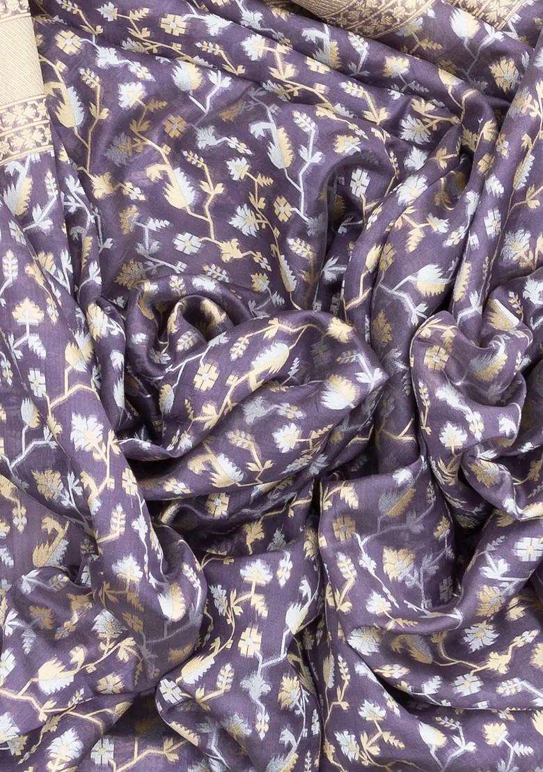 Lilac Handloom Organza Satin Soft Silk Saree With Floral Vine Motifs With Traditional Woven Design For Women - Indya
