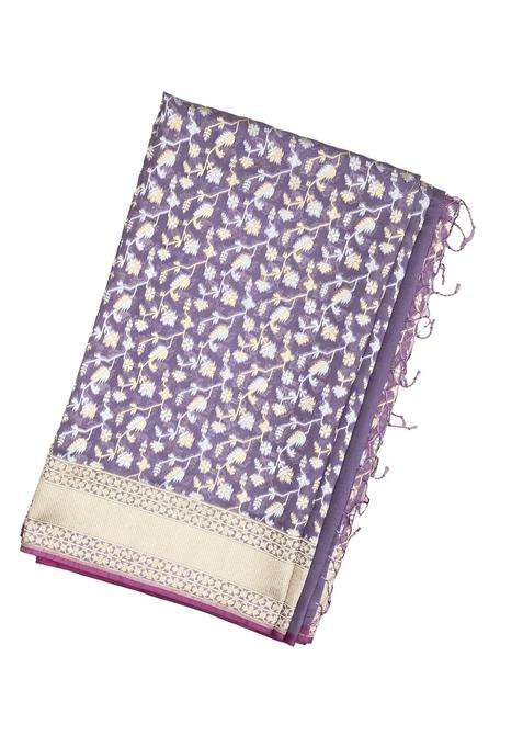 Lilac Handloom Organza Satin Soft Silk Saree With Floral Vine Motifs With Traditional Woven Design For Women