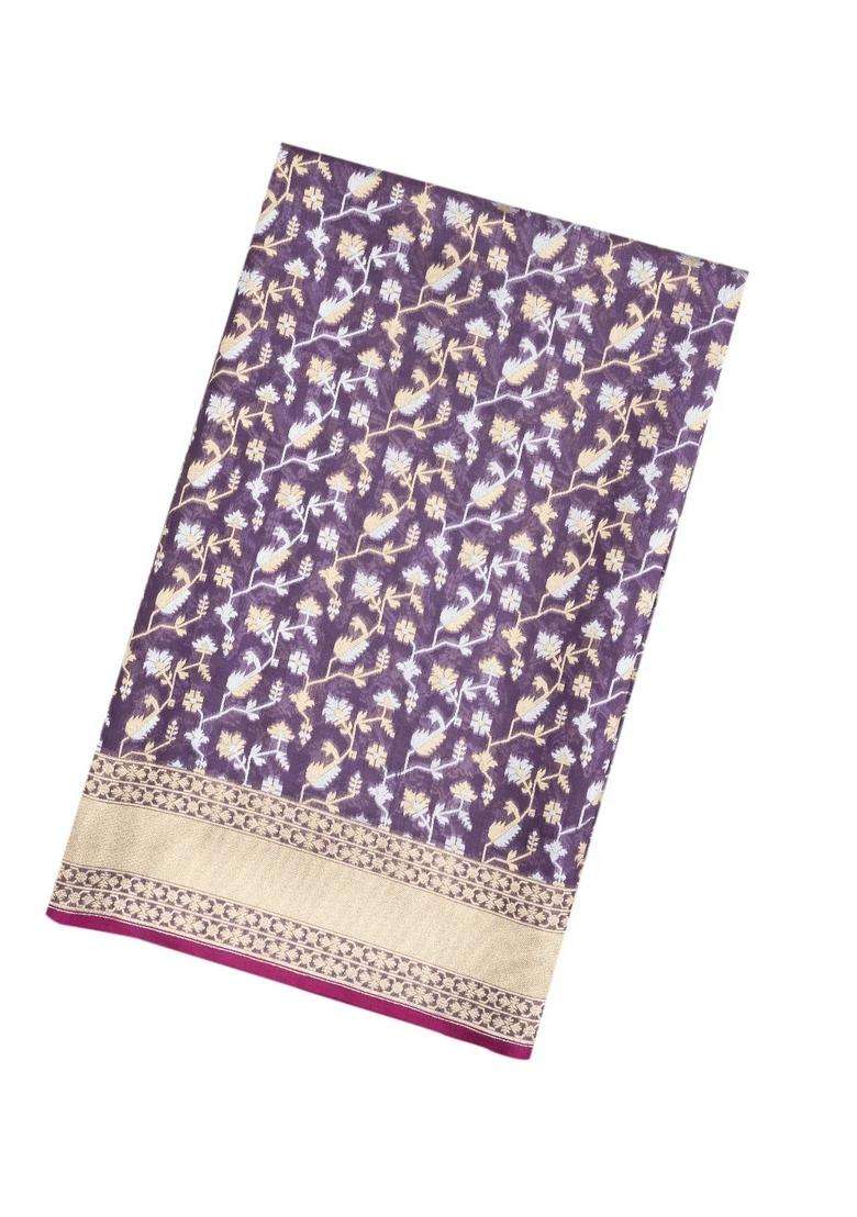 Lilac Handloom Organza Satin Soft Silk Saree With Floral Vine Motifs With Traditional Woven Design For Women - Indya