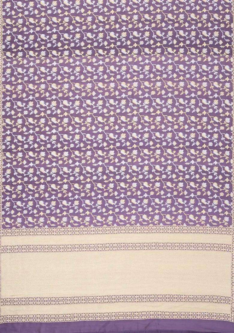 Lilac Handloom Organza Satin Soft Silk Saree With Floral Vine Motifs With Traditional Woven Design For Women - Indya