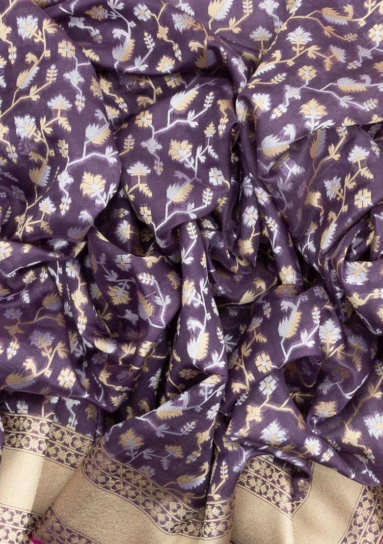 Lilac Handloom Organza Satin Soft Silk Saree With Floral Vine Motifs With Traditional Woven Design For Women - Indya