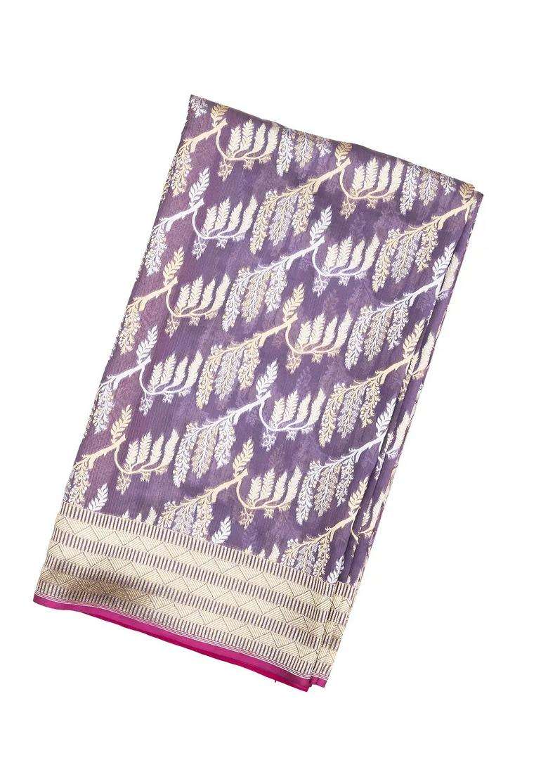 Lilac Handloom Organza Satin Soft Silk Saree With Floral Vine Motifs With Traditional Woven Design For Women - Indya