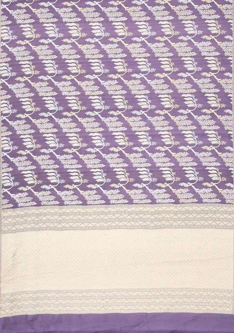 Lilac Handloom Organza Satin Soft Silk Saree With Floral Vine Motifs With Traditional Woven Design For Women - Indya