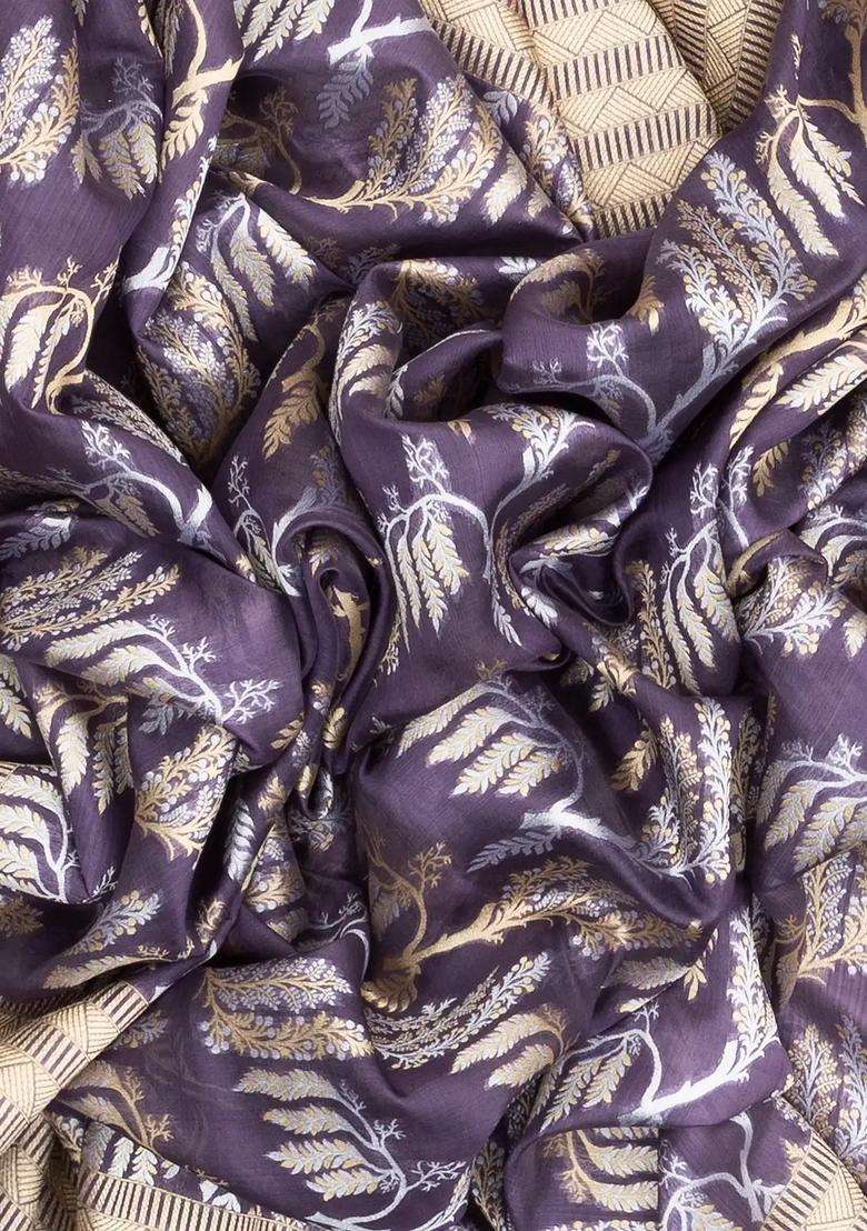 Lilac Handloom Organza Satin Soft Silk Saree With Floral Vine Motifs With Traditional Woven Design For Women - Indya
