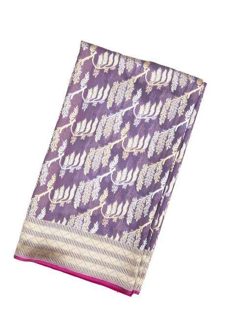 Lilac Handloom Organza Satin Soft Silk Saree With Floral Vine Motifs With Traditional Woven Design For Women