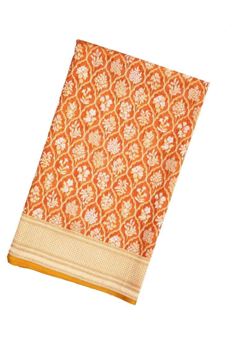 Mustard Handloom Organza Satin Soft Silk Saree With Floral Vine Motifs With Traditional Woven Design For Women - Indya