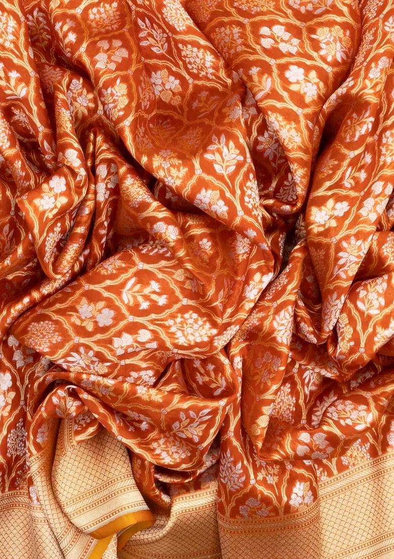 Mustard Handloom Organza Satin Soft Silk Saree With Floral Vine Motifs With Traditional Woven Design For Women - Indya