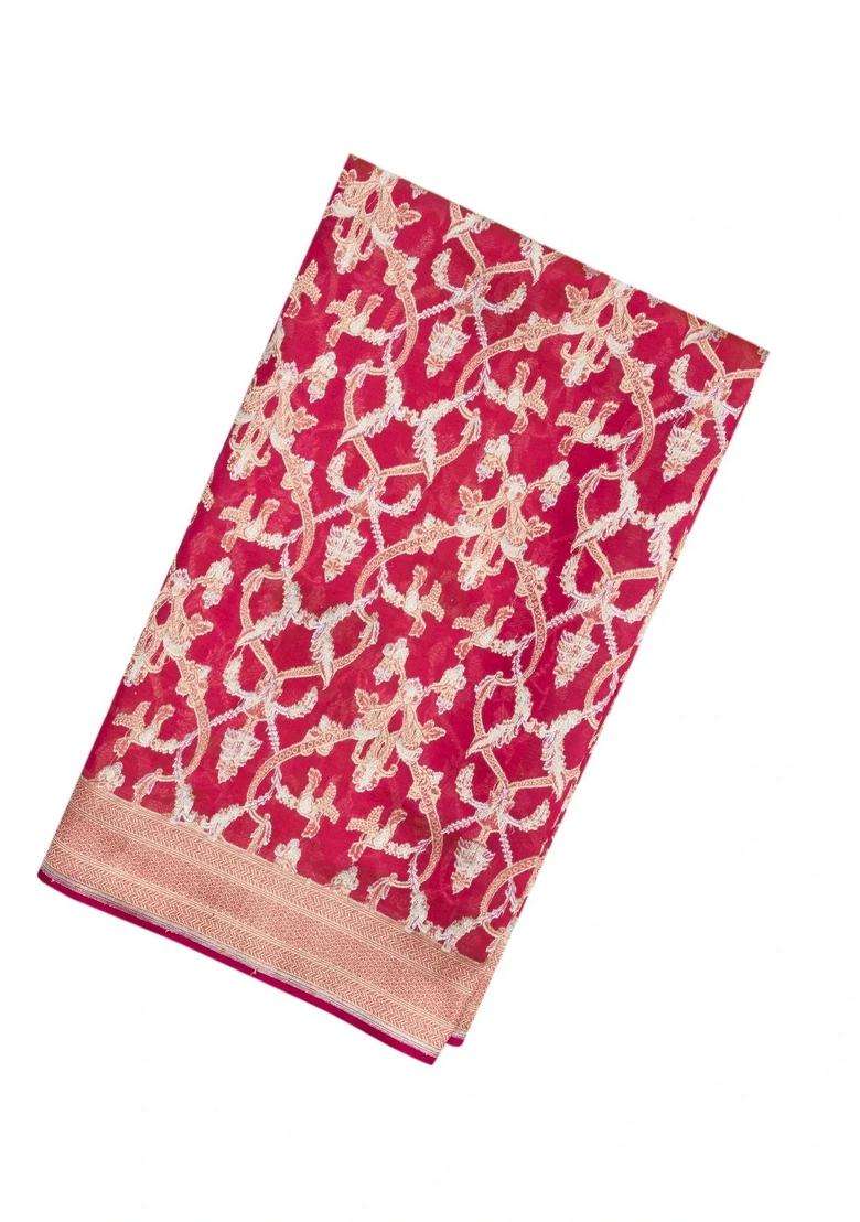 Peach Handloom Organza Satin Soft Silk Saree With Floral Motifs With Traditional Woven Design For Women - Indya