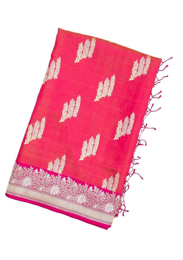 Pink Handloom Organza Satin Soft Silk Saree With Floral Motifs With Traditional Woven Design For Women - Indya