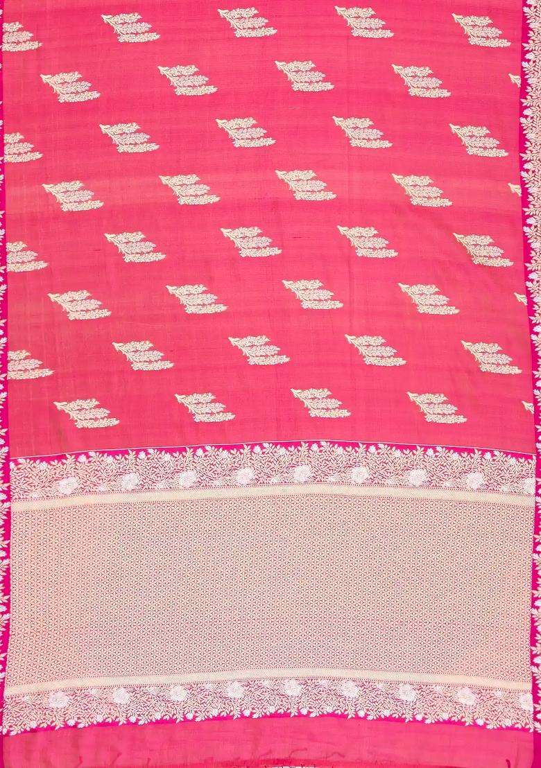 Pink Handloom Organza Satin Soft Silk Saree With Floral Motifs With Traditional Woven Design For Women - Indya