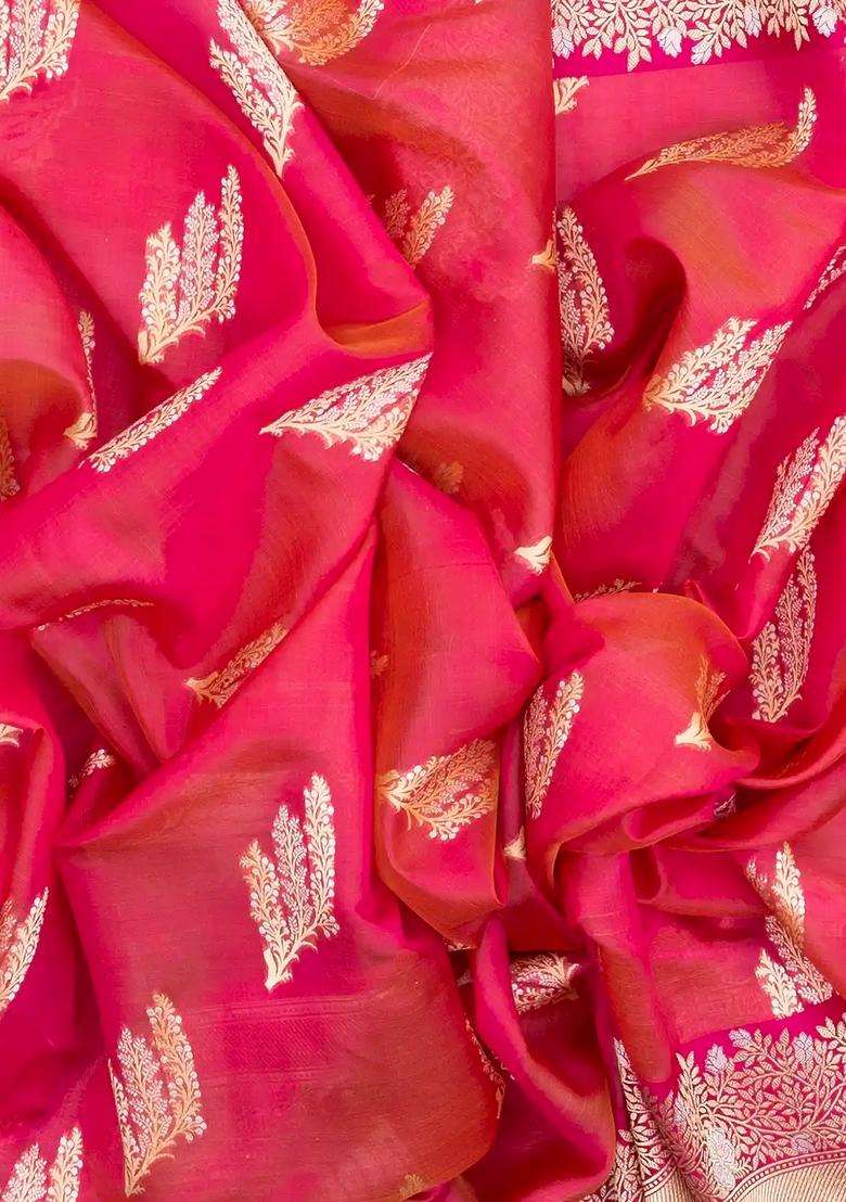 Pink Handloom Organza Satin Soft Silk Saree With Floral Motifs With Traditional Woven Design For Women - Indya