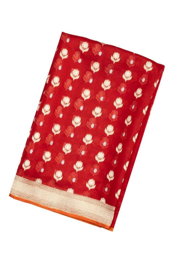 Red Handloom Organza Satin Soft Silk Saree With Floral Motifs With Traditional Woven Design For Women - Indya