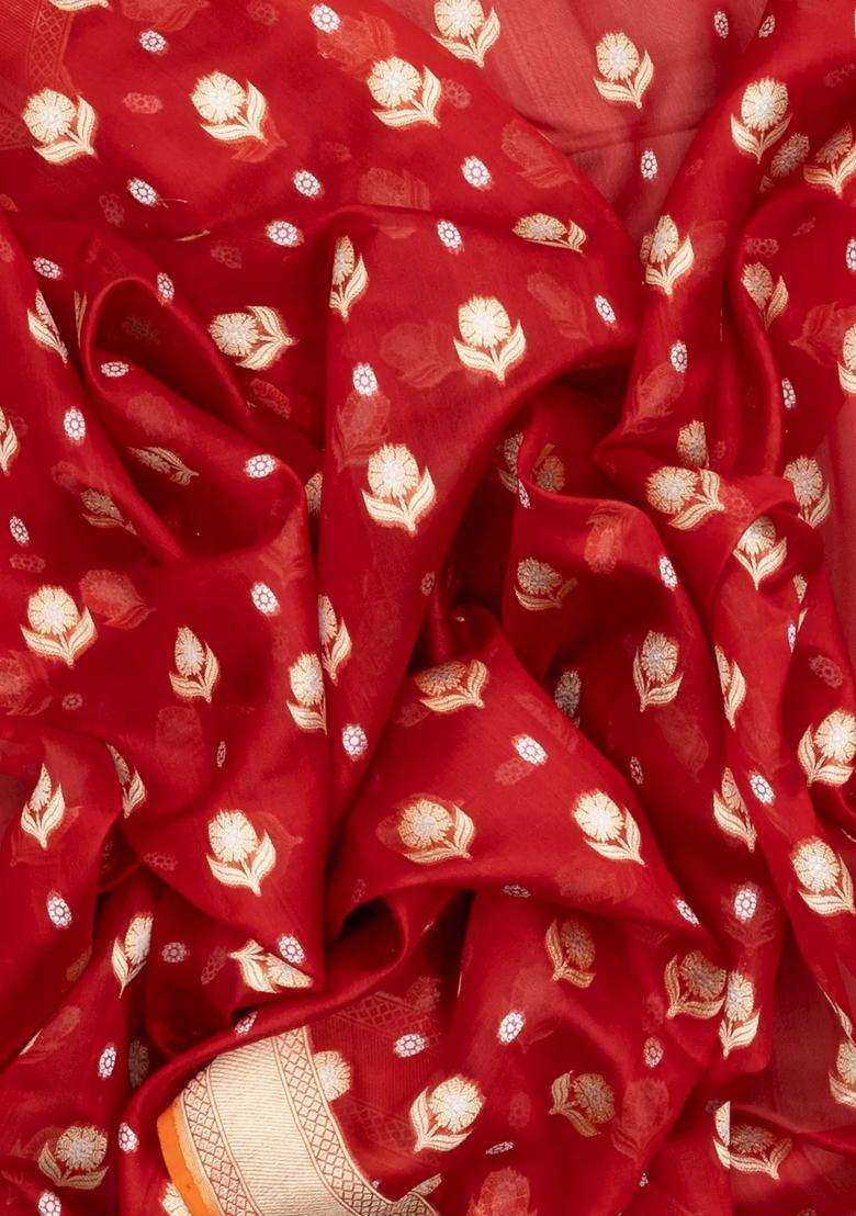 Red Handloom Organza Satin Soft Silk Saree With Floral Motifs With Traditional Woven Design For Women - Indya
