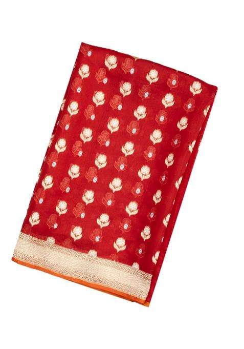 Red Handloom Organza Satin Soft Silk Saree With Floral Motifs With Traditional Woven Design For Women