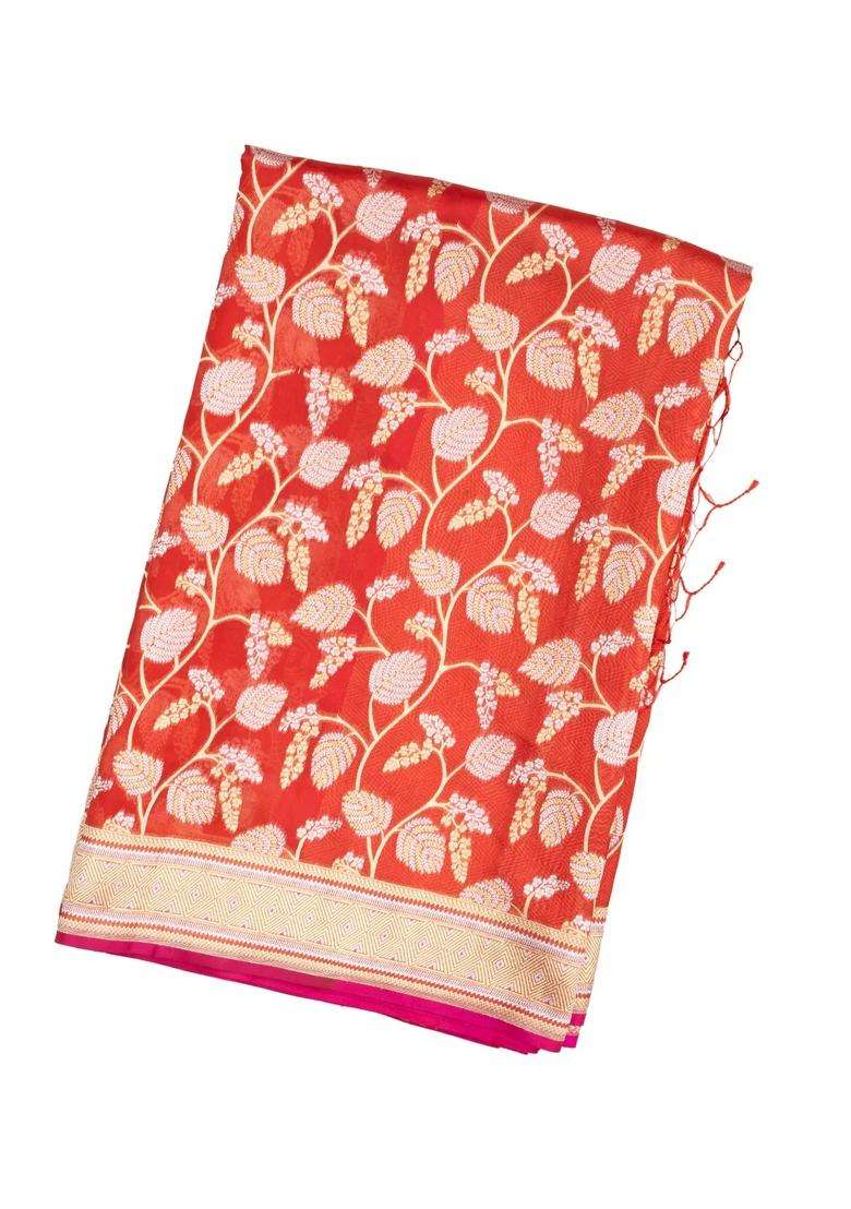 Orange Handloom Organza Satin Soft Silk Saree With Floral Motifs With Traditional Woven Design For Women - Indya