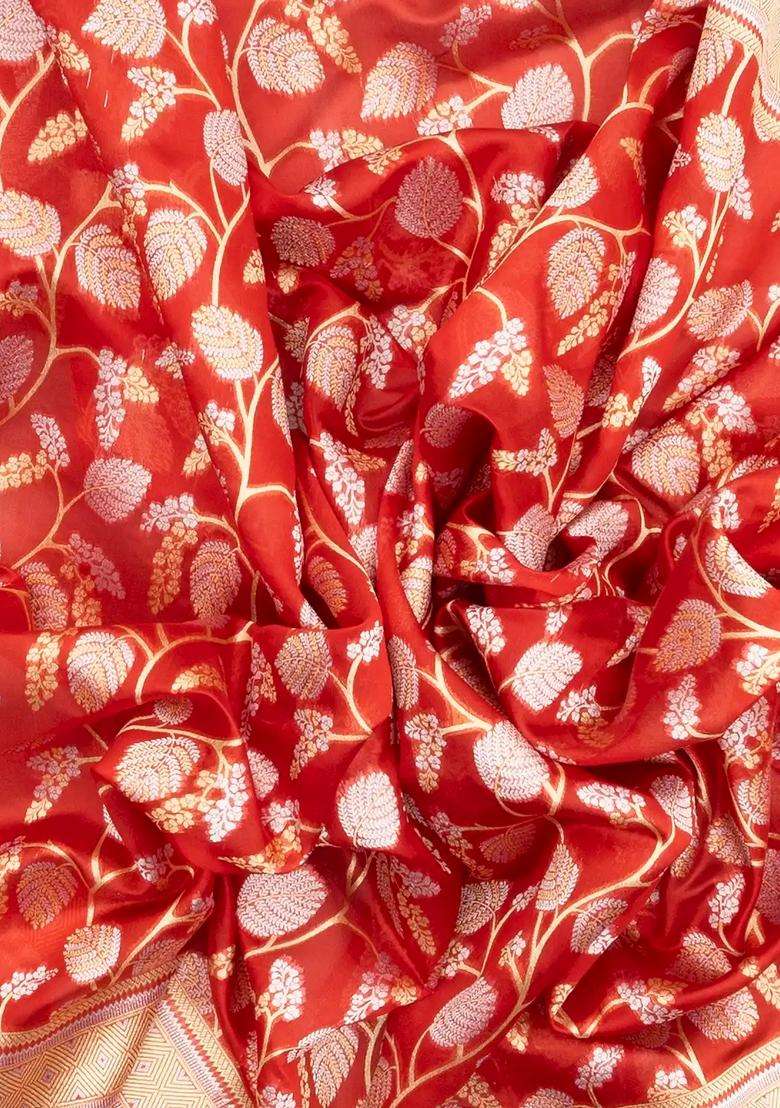 Orange Handloom Organza Satin Soft Silk Saree With Floral Motifs With Traditional Woven Design For Women - Indya