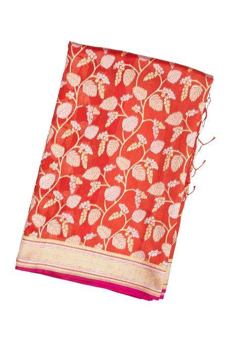 Orange Handloom Organza Satin Soft Silk Saree With Floral Motifs With Traditional Woven Design For Women