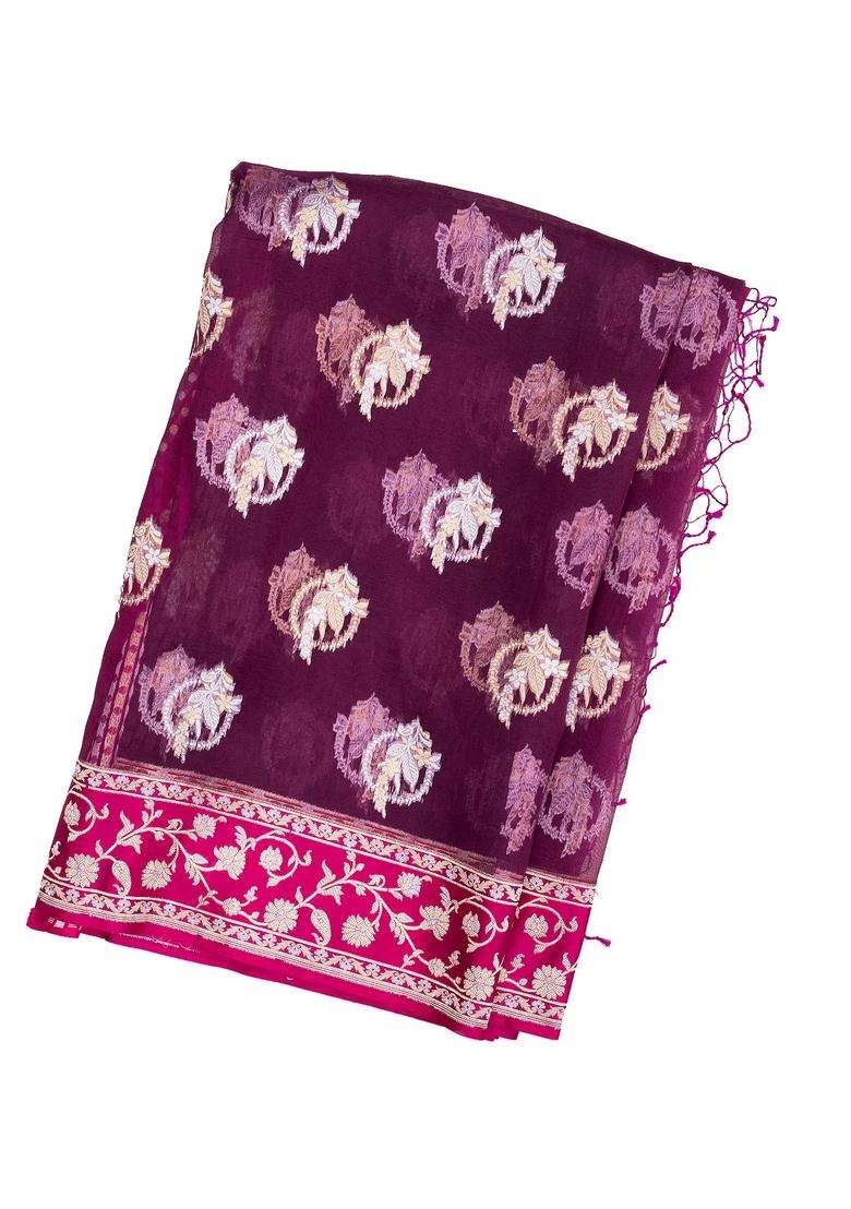 Magenta Mangenta Handloom Organza Satin Soft Silk Saree With Floral Motifs With Traditional Woven Design For Women - Indya