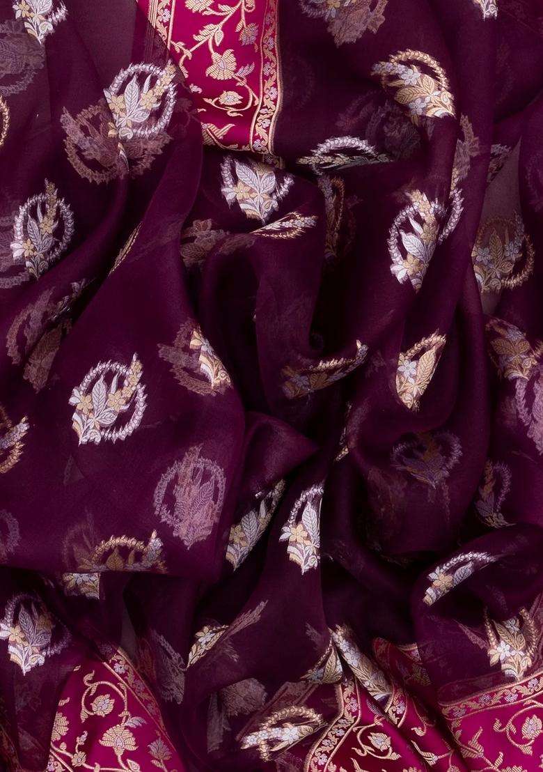 Magenta Mangenta Handloom Organza Satin Soft Silk Saree With Floral Motifs With Traditional Woven Design For Women - Indya