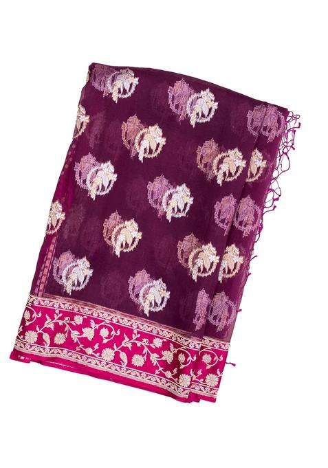 Magenta Mangenta Handloom Organza Satin Soft Silk Saree With Floral Motifs With Traditional Woven Design For Women