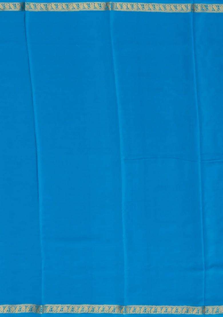 Sky Blue Woven Mysore Crepe Pure Zari Silk Saree With Zari Border With Traditional Woven Design For Women - Indya
