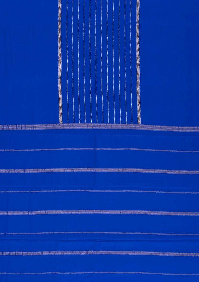 Blue Woven Mysore Crepe Pure Zari Silk Saree With Zari Stripes With Checks And Stripes Design For Women - Indya