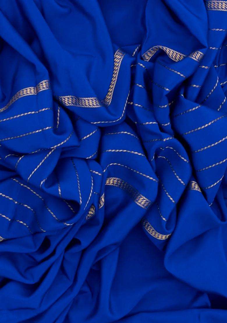 Blue Woven Mysore Crepe Pure Zari Silk Saree With Zari Stripes With Checks And Stripes Design For Women - Indya