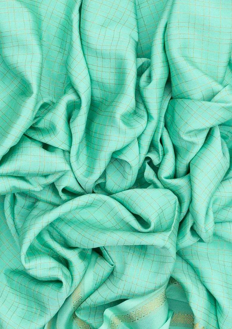 Aquamarine Woven Mysore Crepe Pure Zari Silk Saree With Zari Checks With Checks And Stripes Design For Women - Indya