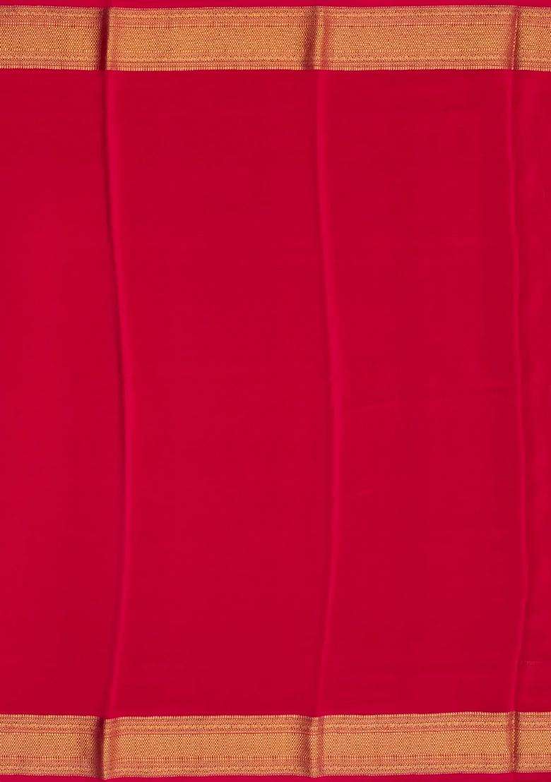 Red Woven Mysore Crepe Pure Zari Silk Saree With Zari Border With Traditional Woven Design For Women - Indya