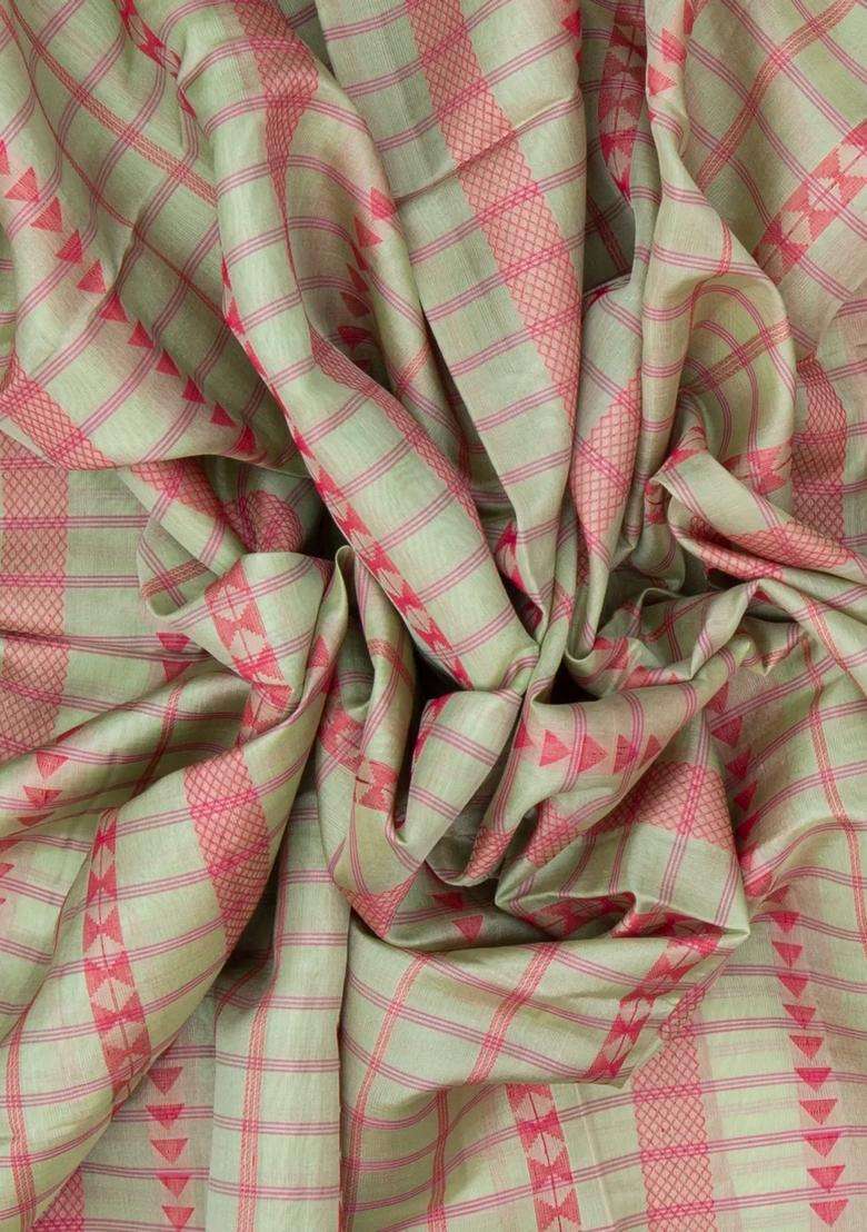 Mint Green Handloom Soft Silk Saree With Stripes Checks With Checks And Stripes Design For Women - Indya